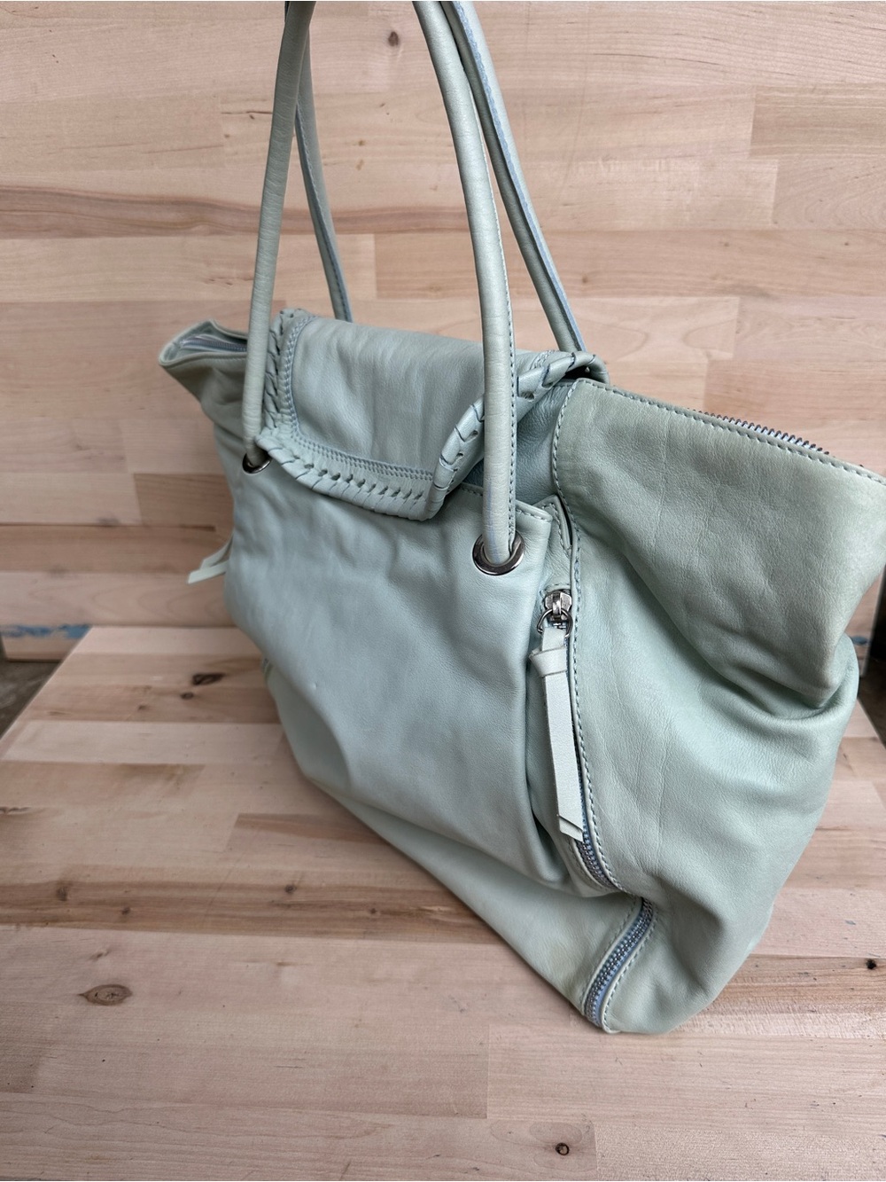 Vintage Soft Mint Leather Tote Handbag - Women's Shoulder Bag